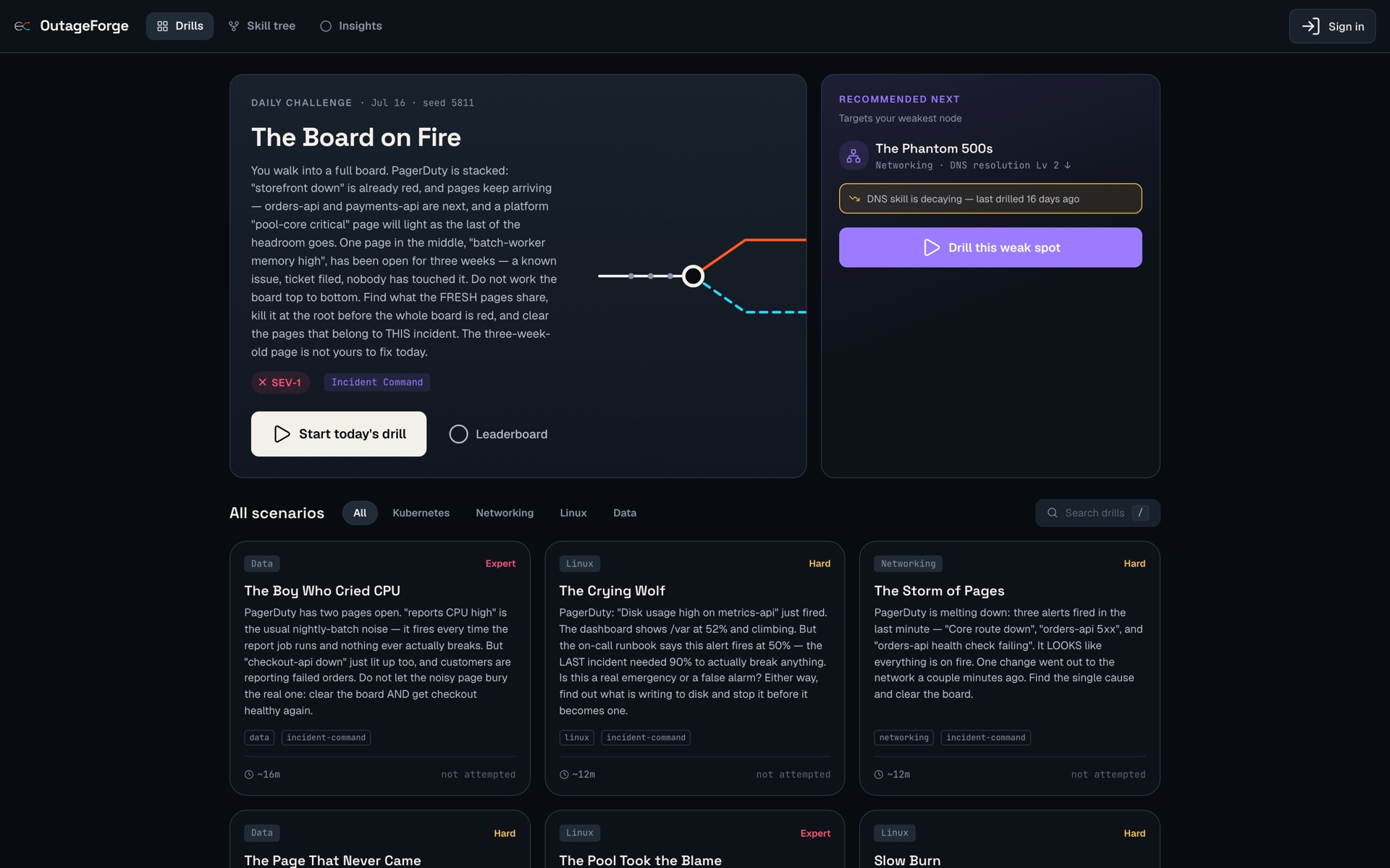 The OutageForge launcher: the daily challenge hero with the causal-fork diagram, a recommended-next card, and the scenario library grid